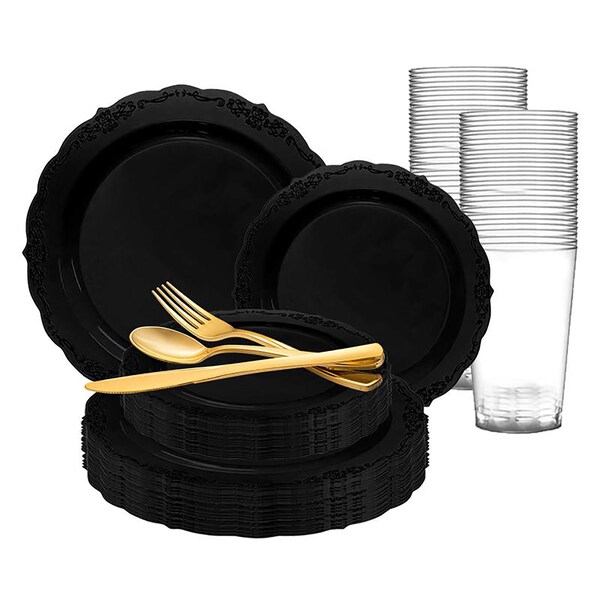 Smarty Had A Party Black Vintage Rim Round Disposable Plastic Wedding Value Set, 720PK 860BVS120 - main